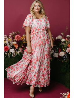 PARTIQ - Pink Plus Size Floral Square Neck Puff Sleeve Ruffle Maxi Dress