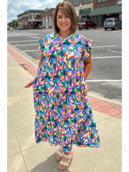 PARTIQ - Blue Geometric Print Ruffled Short Sleeve Plus Size Tiered Maxi Dress
