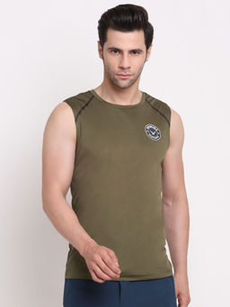 INVINCIBLE - Olive Mens Sleeveless Tank with Detail