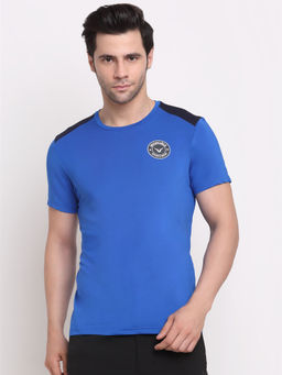INVINCIBLE - Blue Mens Crew Neck T-Shirt with Shoulder Panel