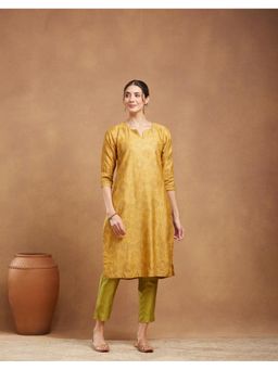 Fabindia - Mustard Cotton Silk Hand Block Printed Long Kurta