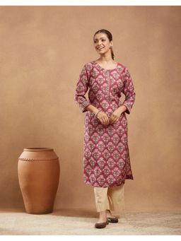 Fabindia - Maroon Rayon Blend Hand Block Printed Kurta