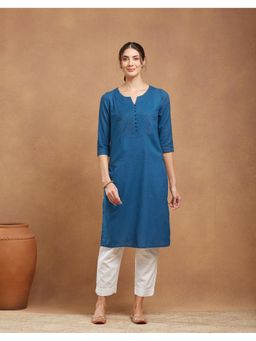 Fabindia - Navy Cotton Pintucks Long Kurta