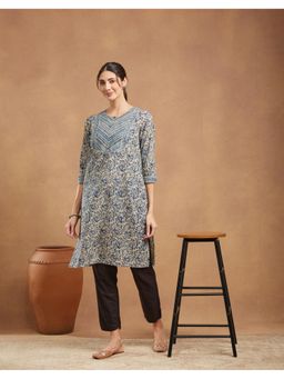 Fabindia - Indigo Cotton Kalamkari Printed Knee Length Kurta