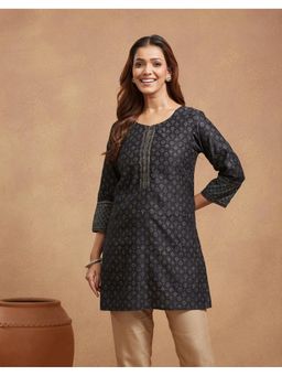 Fabindia - Black Cotton Silk Hand Block Printed Short Kurta