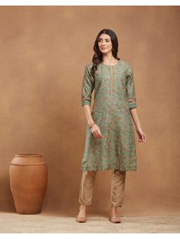 Fabindia - Green Cotton Silk Hand Block Printed Long Kurta