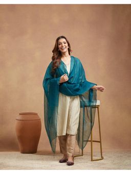 Fabindia - Teal Silk Hand Woven Tassels Dupatta