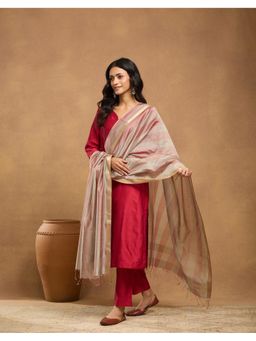 Fabindia - Brown Cotton Silk Blend Hand Block Printed Dupatta