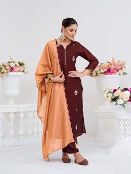 MOKOSH - Women Brown Embroidered Straight Kurta with Dupatta and Pant