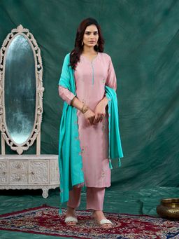 MOKOSH - Women Rose Pink Embroidered Straight Kurta with Dupatta and Pant