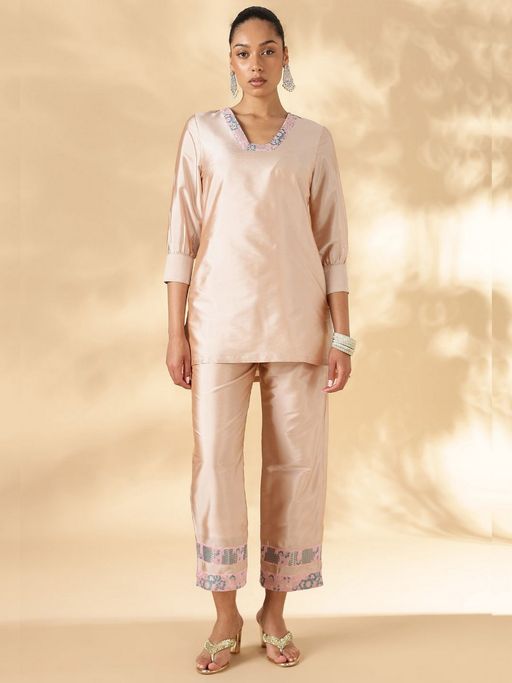 Abhishti Beige Brocade High-Low Tunic with Broad Straight Pant Co-Ord Set