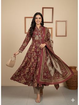 Vbuyz - Women Maroon Floral Print A-Line Modal Chanderi Kurta with Pant and Dupatta