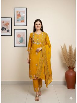 Vbuyz - Women Mustard Yellow Embroidered Straight Cotton Kurta with Pant and Dupatta