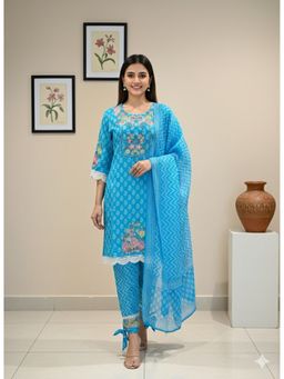 Vbuyz - Women Blue Embroidered Floral Straight Cotton Kurta with Pant and Dupatta