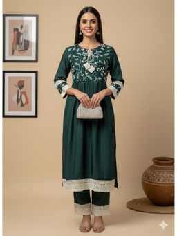 Vbuyz - Women Green Embroidered Work Straight Dola Silk Stitched Kurta and Pant
