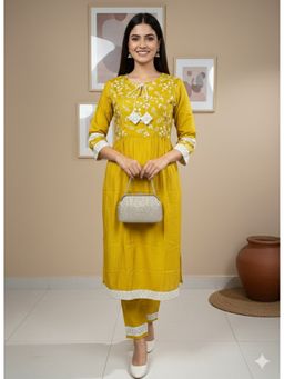 Vbuyz - Women Yellow Embroidered Work Straight Dola Silk Stitched Kurta and Pant
