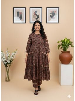 Vbuyz - Women Black Printed Anarkali Cotton Stitched Kurta and Pant