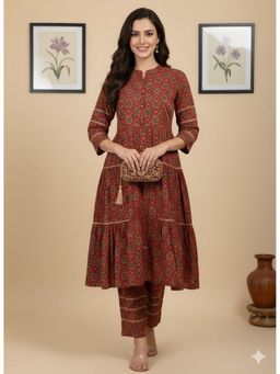 Vbuyz - Women Maroon Printed Anarkali Cotton Stitched Kurta and Pant