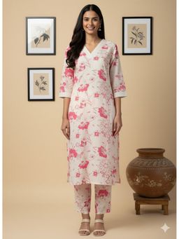 Vbuyz - Women Off White Floral Print Straight Cotton Flex Kurta with Pant Co-Ord Set