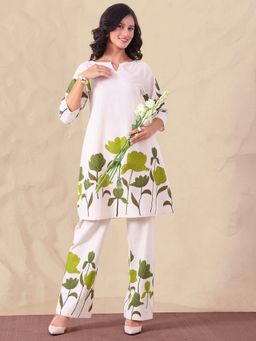 Deebaco - Off White Floral Placement Printed Pure Cotton Women Co-Ord Set