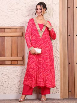Deebaco - Pink Abstract Printed Chinnon Kurta with Inner and Pant