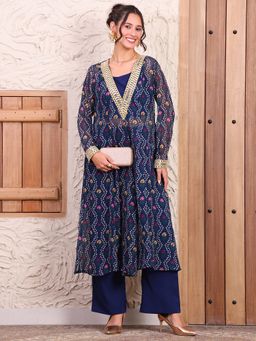 Deebaco - Navy Blue Bandhani Chiffon Kurta with Inner and Pant