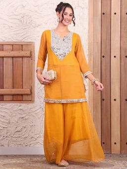 Deebaco - Women Embroidered Mustard Kurti with Sharara