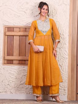 Deebaco - Women Embroidered Mustard Anarkali Kurta with Palazzo