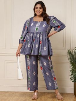 Deebaco - Grey Bandhani Print Pure Rayon Women Plus Size Co-Ord Set