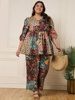 Deebaco - Multicolor Patch Print Pure Rayon Women Plus Size Co-Ord Set