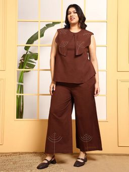 Deebaco - Brown Cotton Embroidered Women Plus Size Co-Ord Set