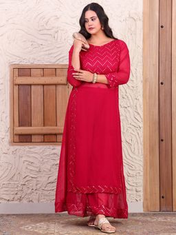 Deebaco - Magenta Sequence Embroidered Pure Georgette Long Slit Plus Size Kurta with Sharara