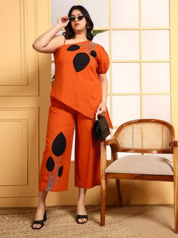 Deebaco - One Shoulder Embroidered Patch Work Women Plus Size Co-Ord Set