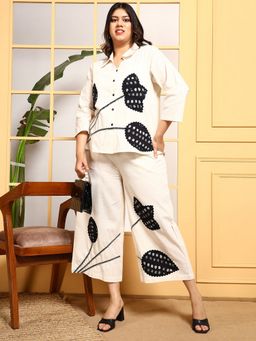 Deebaco - Off White Embroidered Patch Work Women Plus Size Co-Ord Set