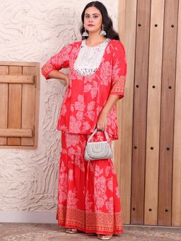 Deebaco - Floral Printed Pure Muslin Panel Women Plus Size Kurti with Sharara