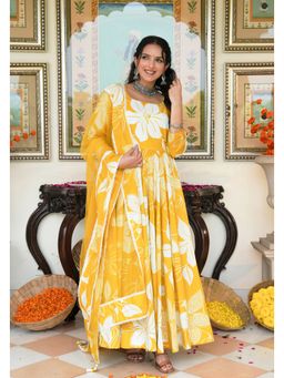Indian Virasat - Yellow Floral Printed Anarkali Kurta with Palazzo and Dupatta