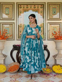 Indian Virasat - Turquoise Color Printed Anarkali Kurta with Palazzo and Dupatta