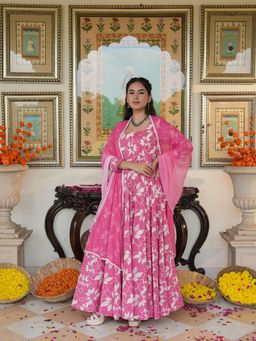 Indian Virasat - Fresh Pink Floral Printed Anarkali Kurta with Palazzo and Dupatta