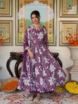Indian Virasat - Purple Color Printed Anarkali Kurta with Palazzo and Dupatta