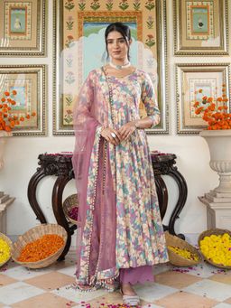 Indian Virasat - Multi-Coloured Floral Print Anarkali Kurta with Palazzo and Dupatta
