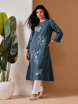 Barara Ethnic - Women Teal Cotton Embroidered Kurta