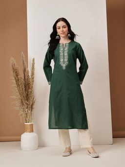 Barara Ethnic - Women Green Cotton Embroidered Kurta
