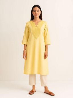 Barara Ethnic - Women Yellow Cotton Embroidered Kurta