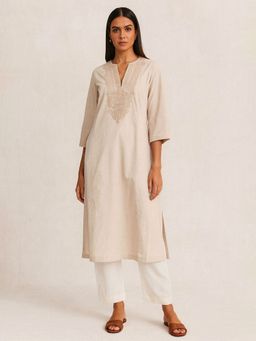 Barara Ethnic - Women Beige Cotton Embroidered Kurta