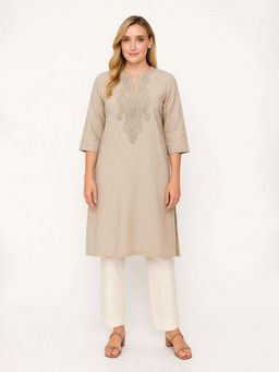 Barara Ethnic - Women Beige Linen Embroidered Kurta