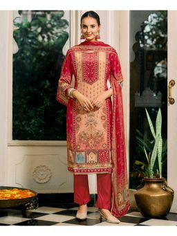 MOJILAA - Women Red Crepe Floral Printed Kurta with Pant and Dupatta