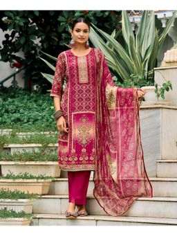 MOJILAA - Women Magenta Crepe Floral Printed Straight Kurta with Pant and Dupatta