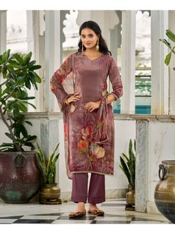 MOJILAA - Women Mauve Crepe Floral Printed Straight Kurta with Pant and Dupatta