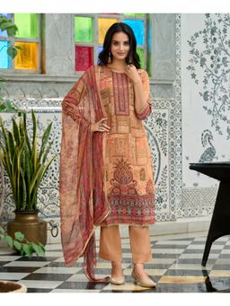 MOJILAA - Women Peach Crepe Geometric Printed Straight Kurta with Pant and Dupatta