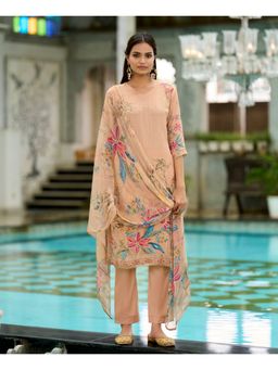 MOJILAA - Women Peach Crepe Floral Printed Straight Kurta with Pant and Dupatta